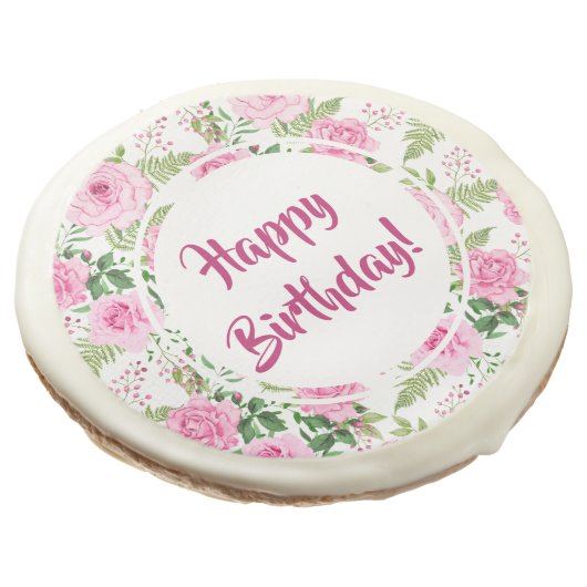 Beautiful Pink Roses Happy Birthday Round Sugar Cookie (Angled)
