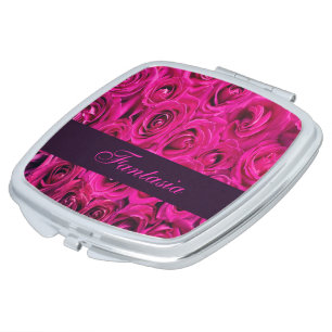 Beautiful pink roses monogram compact mirror