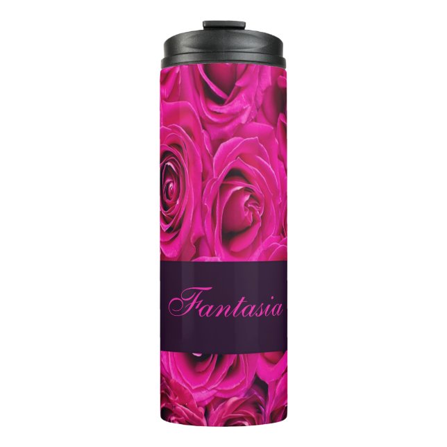 Beautiful pink roses monogram thermal tumbler (Front)