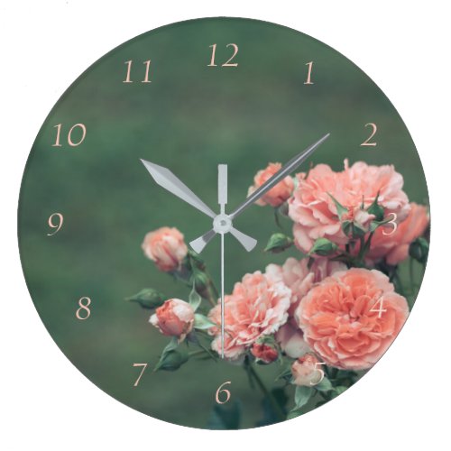 Beautiful pink roses on a natural green background large clock