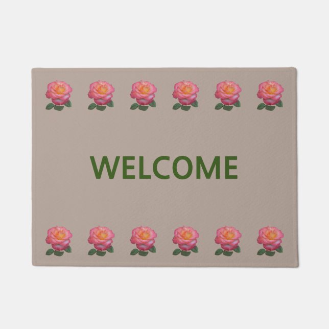 Beautiful Pink Roses on Beige Welcome Doormat (Front)