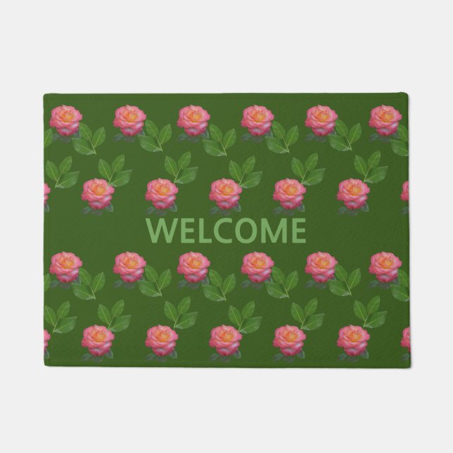 Beautiful Pink Roses on Forest Green Doormat (Front)