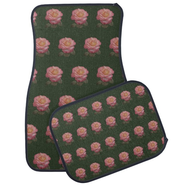 Beautiful Pink Roses on Hunter Green Car Floor Mat (Set)