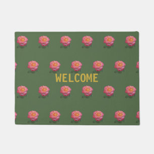 Beautiful Pink Roses on Hunter Green Doormat
