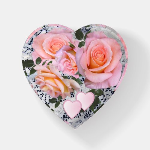 Beautiful Pink Roses on Lace Background Heart Paperweight