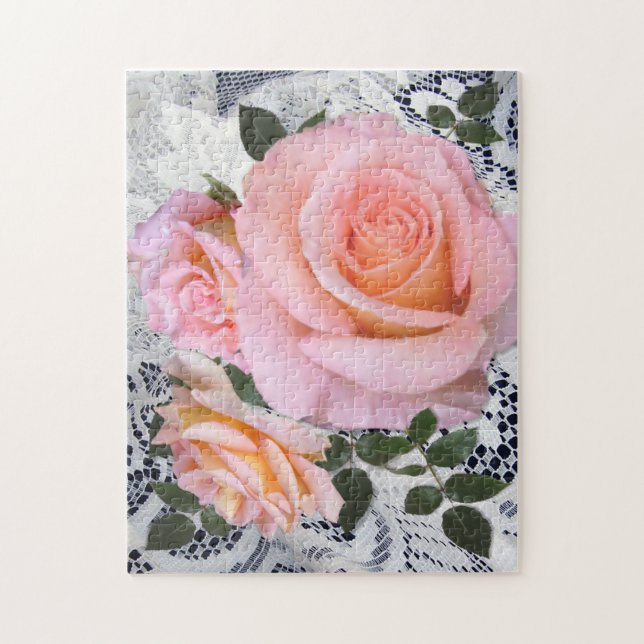 Beautiful Pink Roses on Lace Background Jigsaw Puzzle (Vertical)