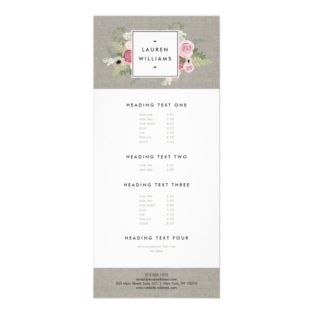 Beautiful Pink Roses on Linen Modern Elegance Rack Card (Front)