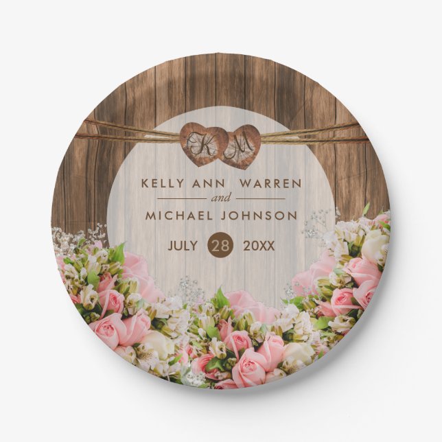 Beautiful Pink Roses on Wood Paper Plates (Front)