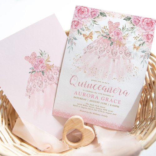 Beautiful Pink Roses Princess Dress Quinceaera Invitation