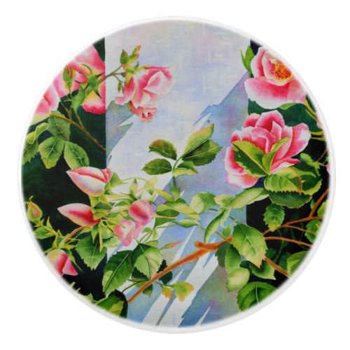 Beautiful pink roses red roses watercolor floral ceramic knob