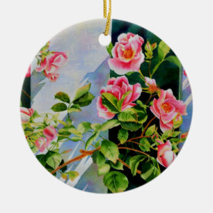 Beautiful pink roses, red roses, watercolor floral ceramic ornament