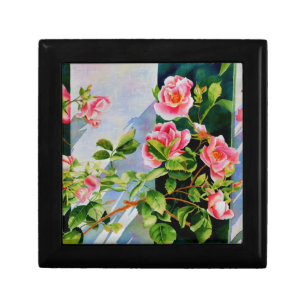 Beautiful pink roses, red roses, watercolor floral keepsake box