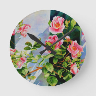 Beautiful pink roses, red roses, watercolor floral round clock