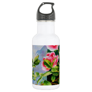 Beautiful pink roses, red roses, watercolor floral water bottle