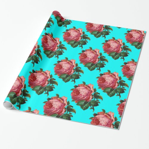 BEAUTIFUL PINK ROSES Turquoise Teal Blue Wrapping Paper
