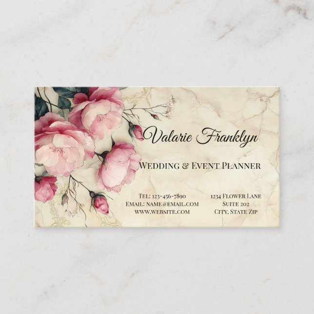  Beautiful Pink Roses Wedding Event Planner Business Card (Front)