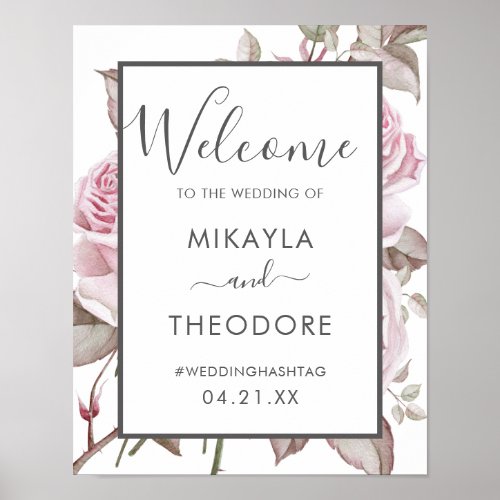 Beautiful Pink Roses Wedding Welcome Sign