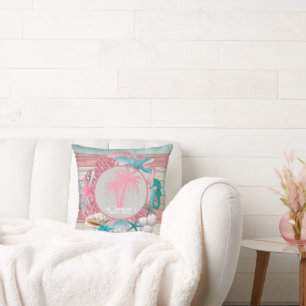 Beautiful Pink Seashell and Beach Design Throw Pillow