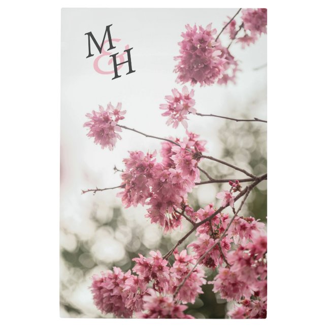 Beautiful Pink Spring Flowers Monogram Metal Print (Front)