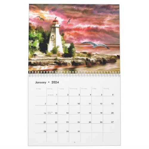 Beautiful Pink Sunset Nautical Lighthouse Coastal Calendar