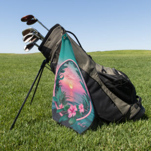 Beautiful Pink-Teal Tropical Flower Sunset Wreath Golf Towel