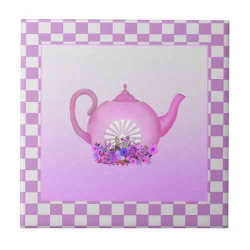 Beautiful Pink Teapot with Flowers Ceramic Tile