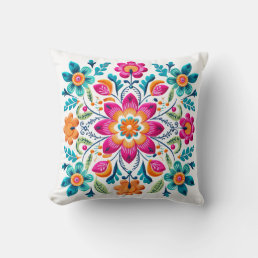 Beautiful Pink Turquoise Orange Mexican Floral Throw Pillow