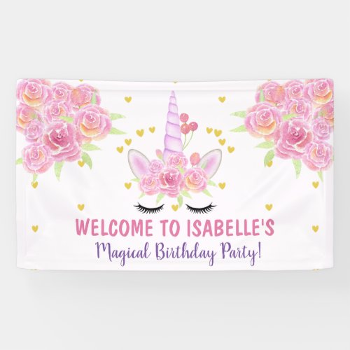Beautiful Pink Unicorn Watercolor Florals Birthday Banner