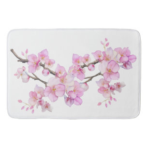 Beautiful pink watercolor cherry blossoms bath mat