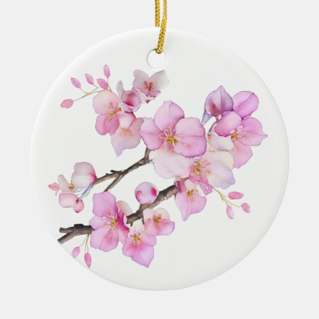 Beautiful pink watercolor cherry blossoms  ceramic ornament (Front)