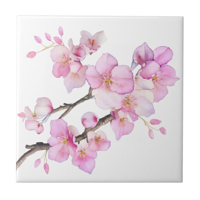 Beautiful pink watercolor cherry blossoms  ceramic tile (Front)