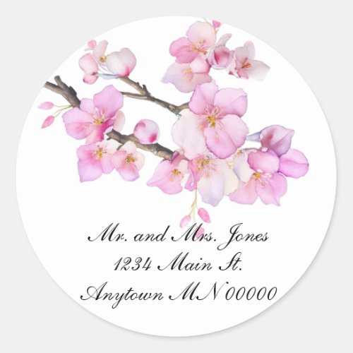 Beautiful pink watercolor cherry blossoms floral classic round sticker