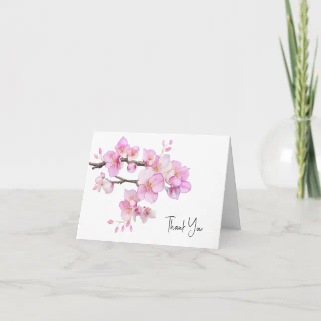 Beautiful pink watercolor cherry blossoms floral thank you card | Zazzle