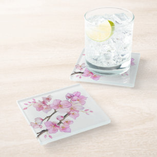 Beautiful pink watercolor cherry blossoms glass coaster