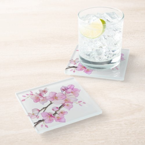 Beautiful pink watercolor cherry blossoms  glass coaster