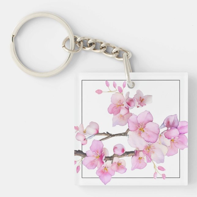 Beautiful pink watercolor cherry blossoms  keychain (Front)