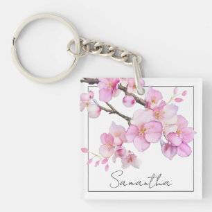 Beautiful pink watercolor cherry blossoms keychain