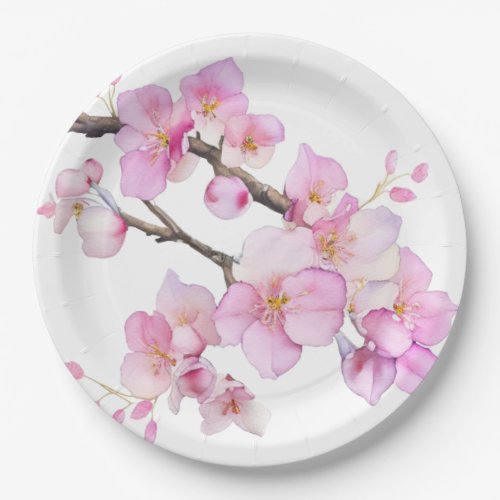 Beautiful pink watercolor cherry blossoms  paper plates