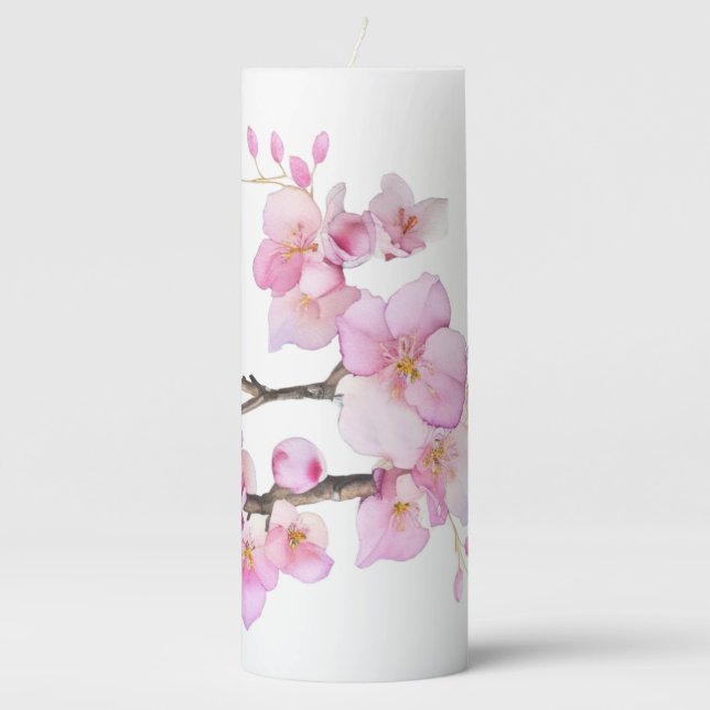 Beautiful pink watercolor cherry blossoms  pillar candle (Front)