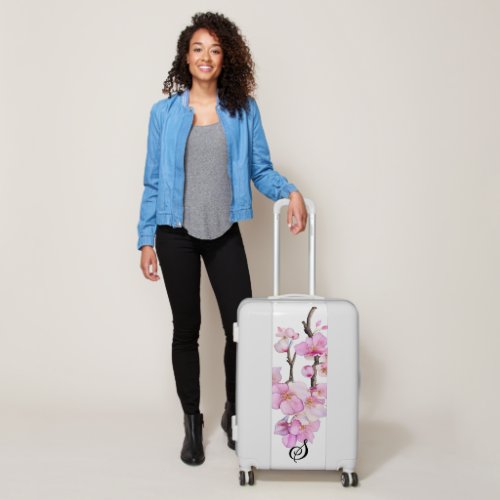 Beautiful pink watercolor cherry blossoms script  luggage