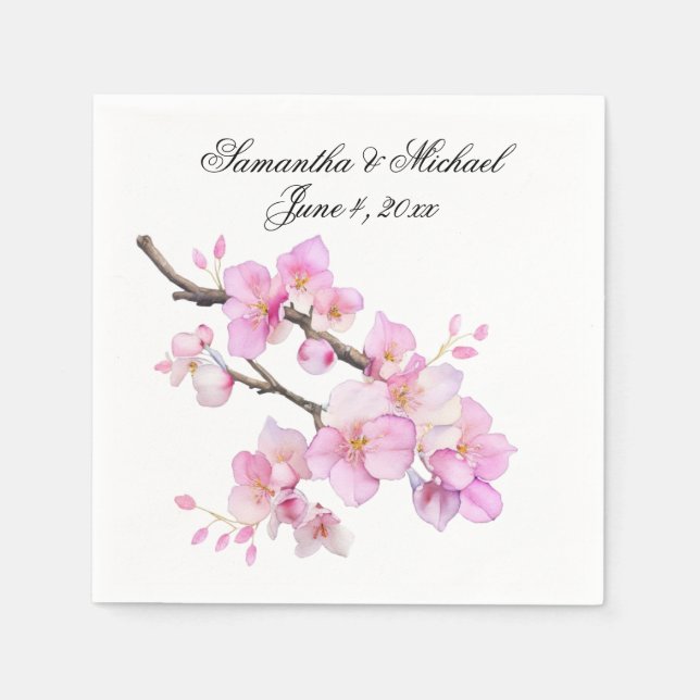 Beautiful pink watercolor cherry blossoms script  napkins (Front)