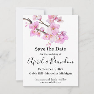Beautiful pink watercolor cherry blossoms script save the date