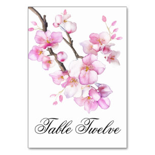Beautiful pink watercolor cherry blossoms script table number