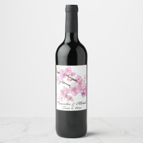 Beautiful pink watercolor cherry blossoms script  wine label