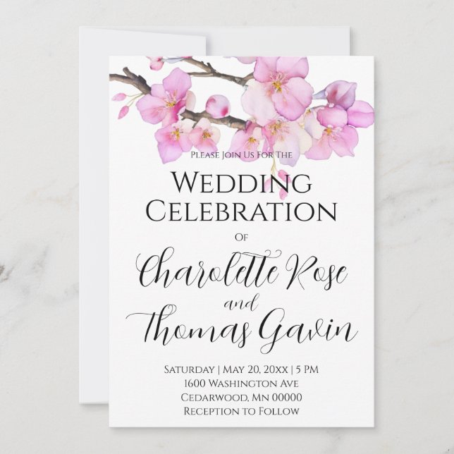 Beautiful pink watercolor cherry blossoms wedding invitation (Front)