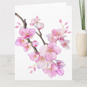 Beautiful pink watercolor cherry Sakura blossoms Card