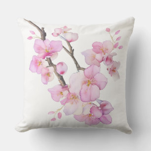 Beautiful pink watercolor cherry Sakura blossoms Outdoor Pillow