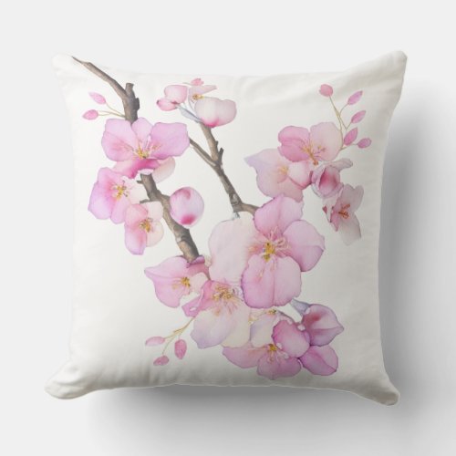 Beautiful pink watercolor cherry Sakura blossoms  Outdoor Pillow