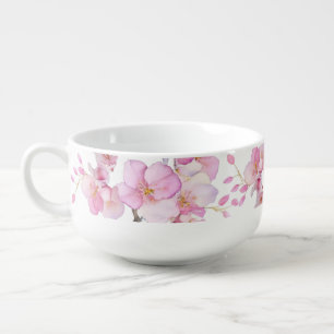 Beautiful pink watercolor cherry Sakura blossoms Soup Mug