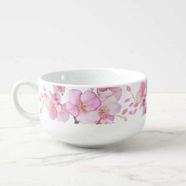 Beautiful pink watercolor cherry Sakura blossoms  Soup Mug (Right)